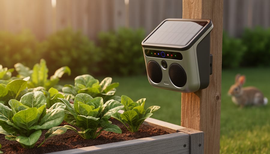 Close-up of a solar-powered ultrasonic pest repeller on a post beside a vegetable garden, angled slightly downward, with warm sunlight on the solar panel and a soft-focus rabbit near a fence in the background.