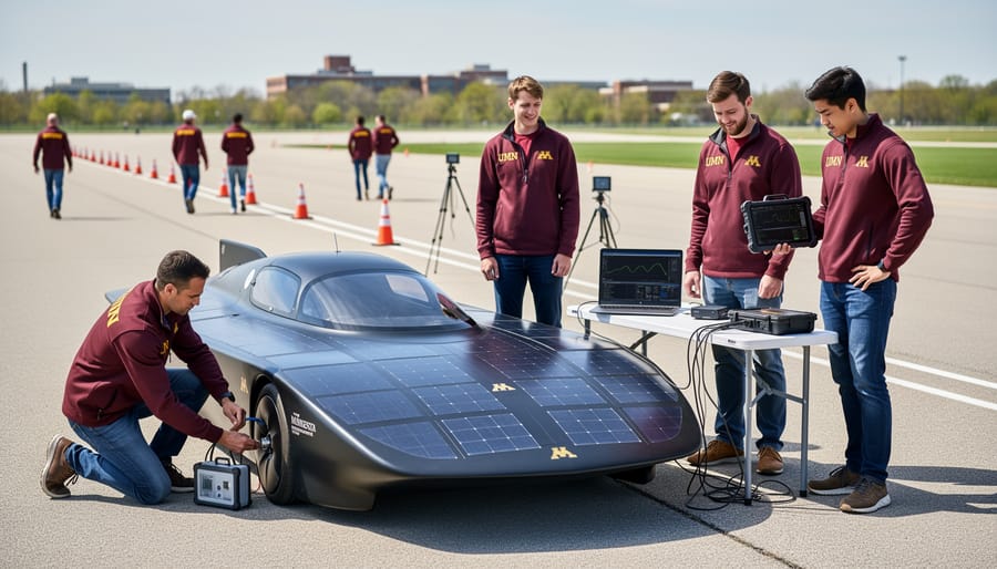 Engineering students testing solar vehicle performance with laptop and equipment on outdoor track