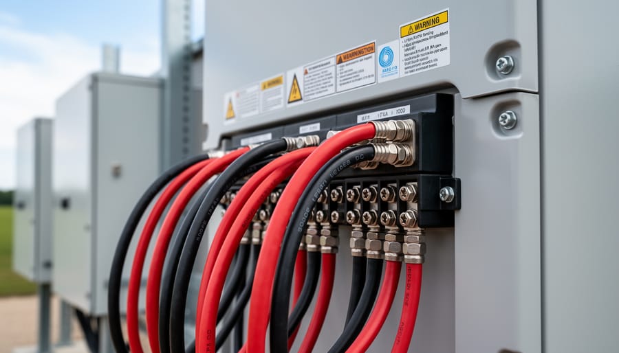 Close-up of commercial solar inverter electrical connections and cable terminals
