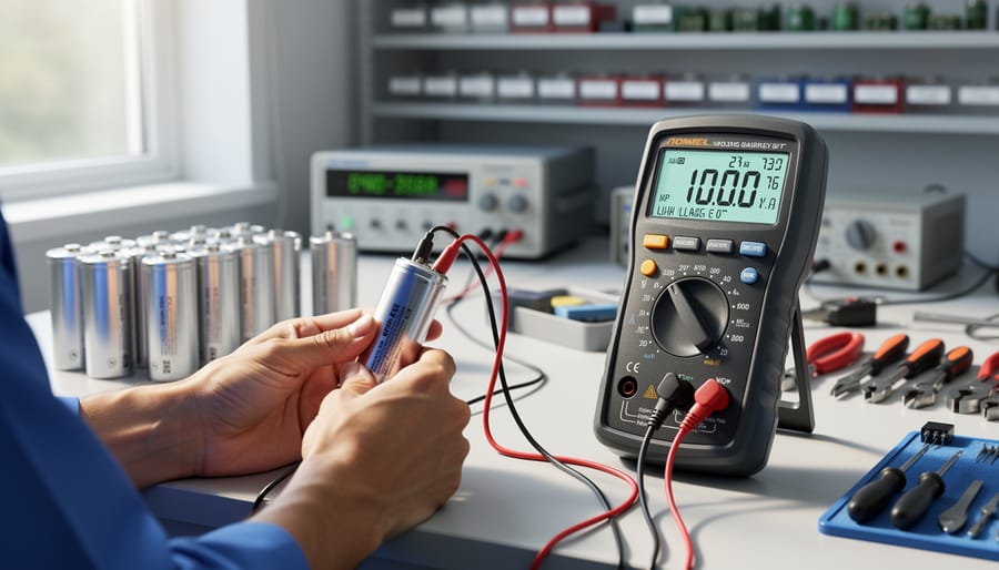 Close-up of multimeter testing solar battery voltage and capacity