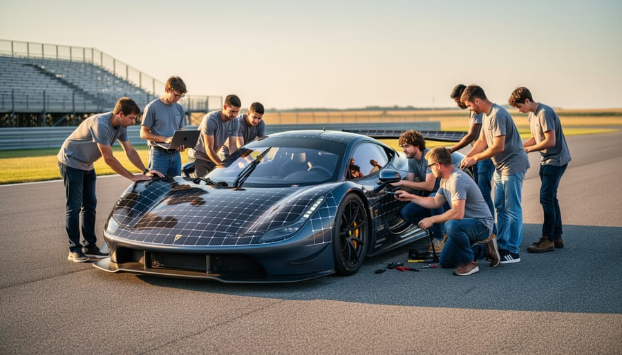 University of Minnesota student engineers adjust an unbranded solar-powered race car’s photovoltaic array on a golden-hour test track, with the car in sharp focus and blurred grandstands and prairie horizon behind.