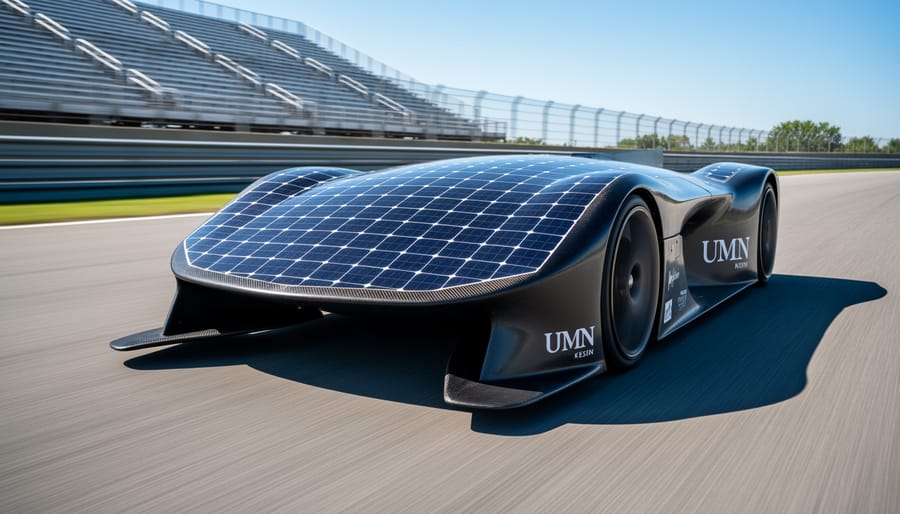 University of Minnesota solar racing car with aerodynamic design and solar panels on campus