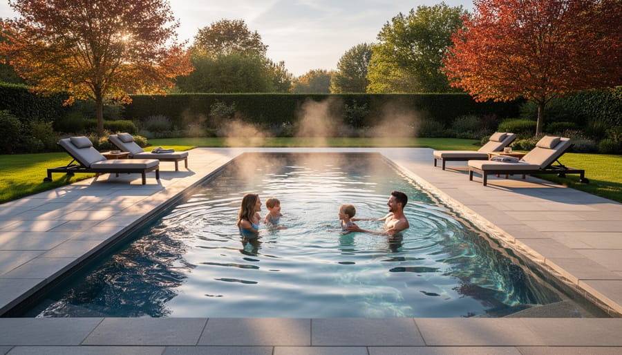Warm swimming pool with steam rising on cool morning showing effective solar heating