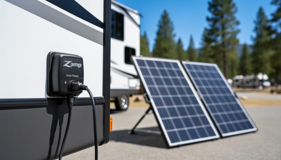 Zamp solar panel connected to roof-mounted port on RV