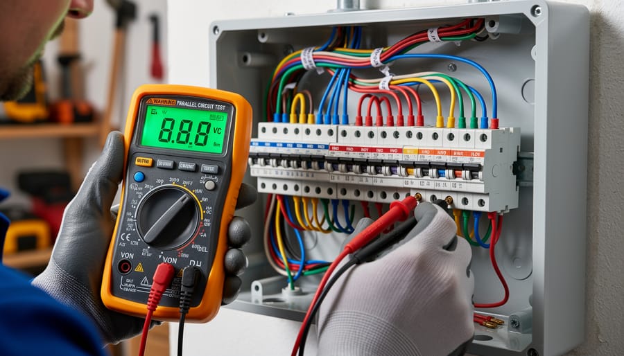 Gloved hands using a multimeter next to two solar panels and MC4-style connectors.