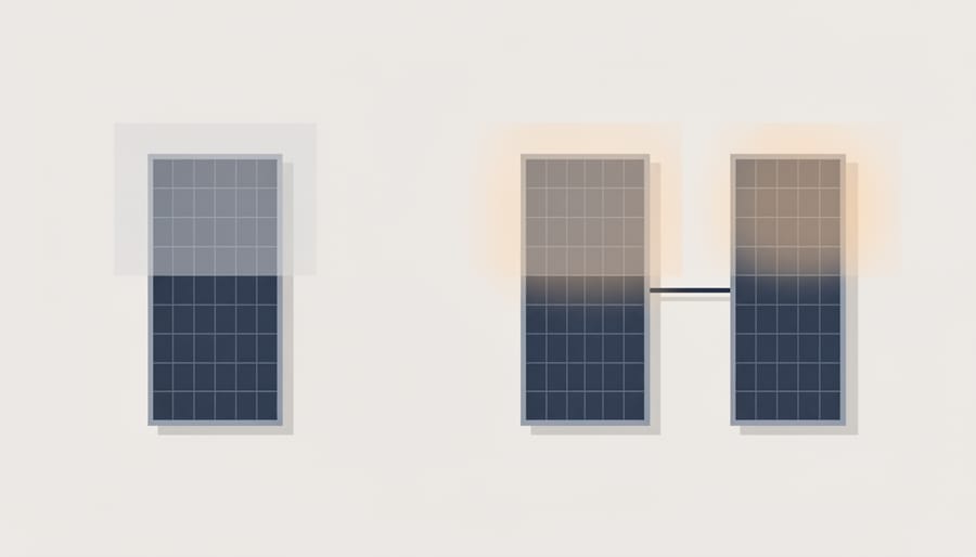 Solar panel partially shaded by fabric next to a fully sunlit panel on a ground mount.