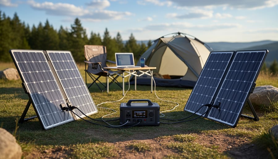 Two portable solar panels set up at a camping site connected to a small power station.