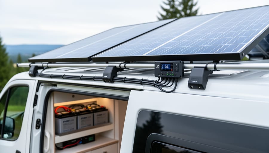 Two solar panels on an RV roof with wiring connected to a charge controller and battery system.