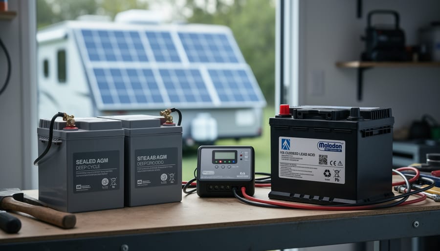 Close view of sealed AGM and flooded lead-acid deep-cycle batteries on a workbench near a solar charge controller, with solar panel context in the background.