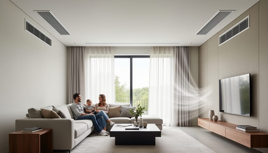 Ceiling ventilation grille in a bright home interior indicating operational whole-house airflow