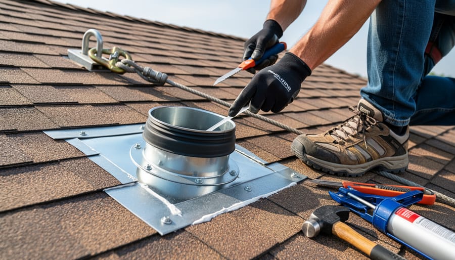 DIY installer working with flashing on a roof penetration for ventilation