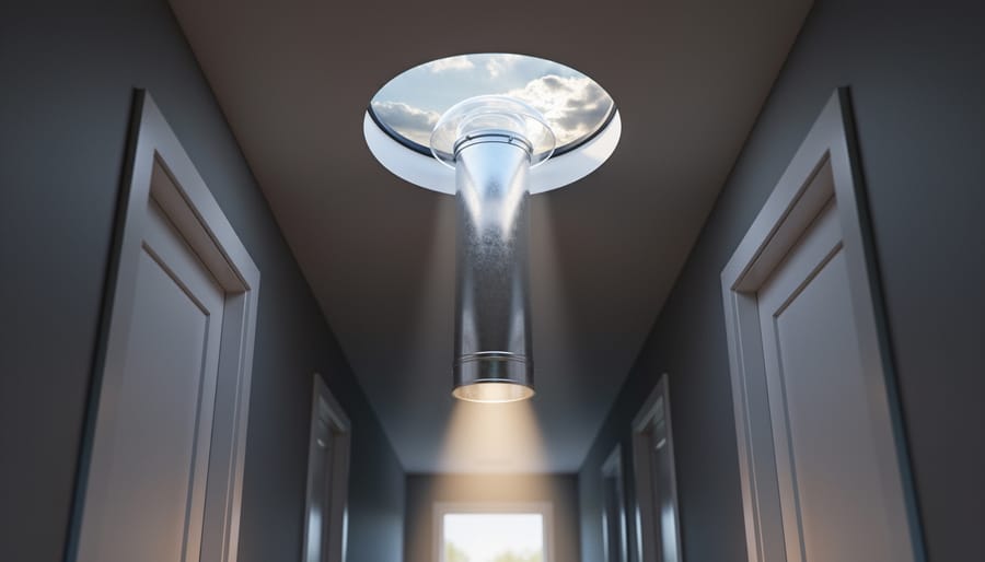 Reflective aluminum solar tube with clear dome installed through a roof opening, shining natural daylight into a dark hallway interior.