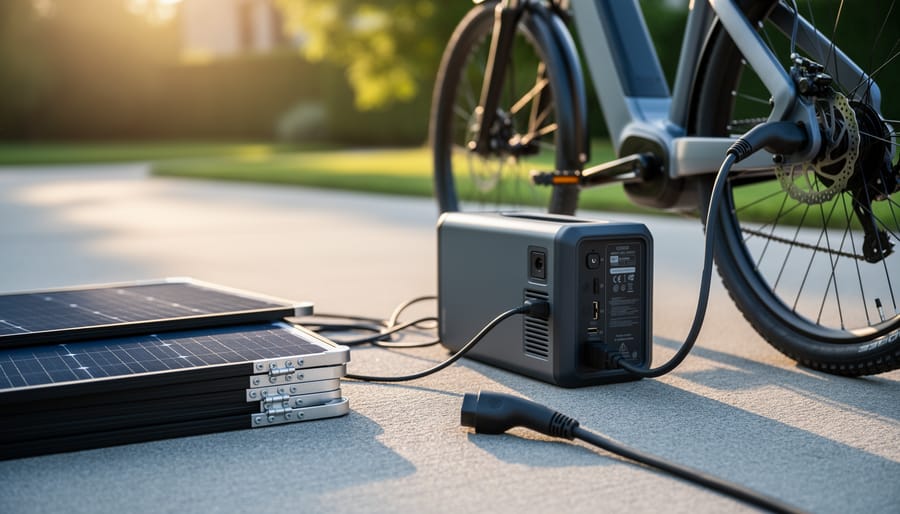 Solar panels and a portable power station connect to a J1772 plug charging an electric bike outdoors.