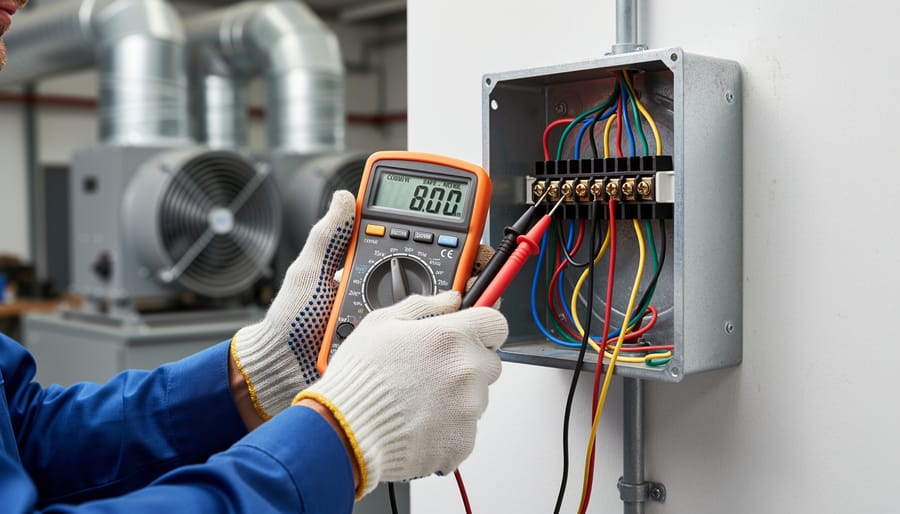 Multimeter connected to solar ventilation wiring for electrical verification