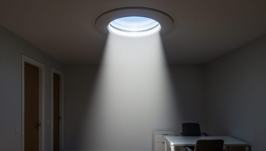 Natural daylight shining through a circular solar tube diffuser in a home hallway ceiling