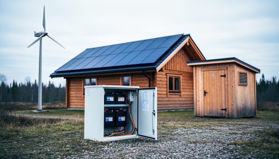 Off-grid cabin with rooftop solar panels, a small wind turbine, a battery storage cabinet, and a backup generator area in the background.