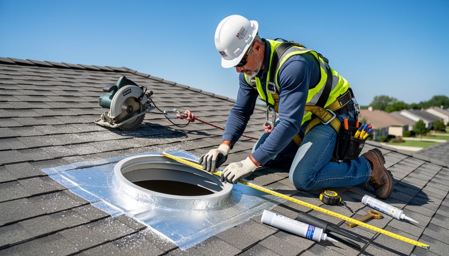 Person wearing safety gear working on a sloped residential roof with tools and flashlight