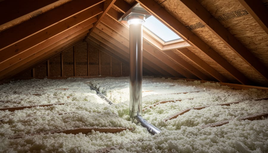 Reflective solar tube section being installed in an attic with insulation and roof rafters in the background