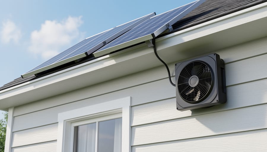 Solar-powered ventilation fan and solar panel mounted near a home eave