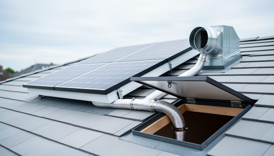 Roof-mounted solar panel connected to a ventilation fan with insulated ductwork entering an attic opening.