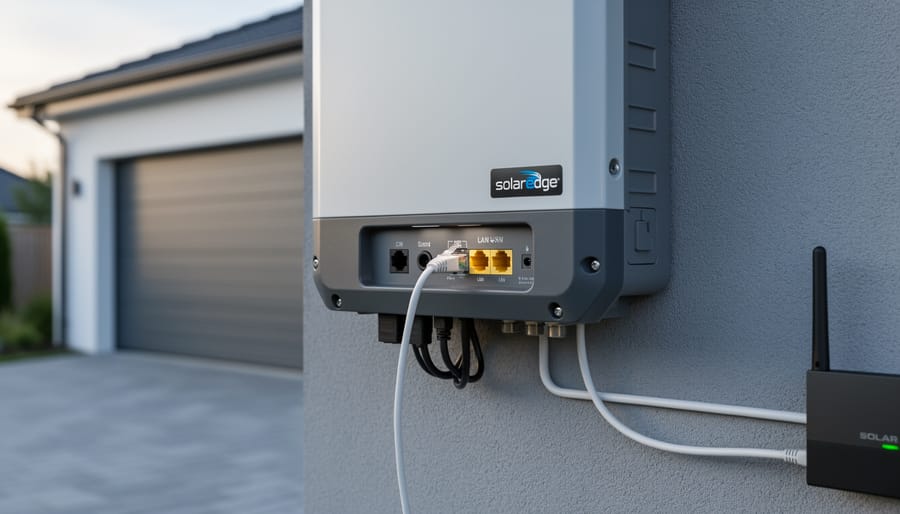Ethernet cable plugged into the LAN/Ethernet port on a mounted SolarEdge inverter beside a home garage, with a router nearby in the background.