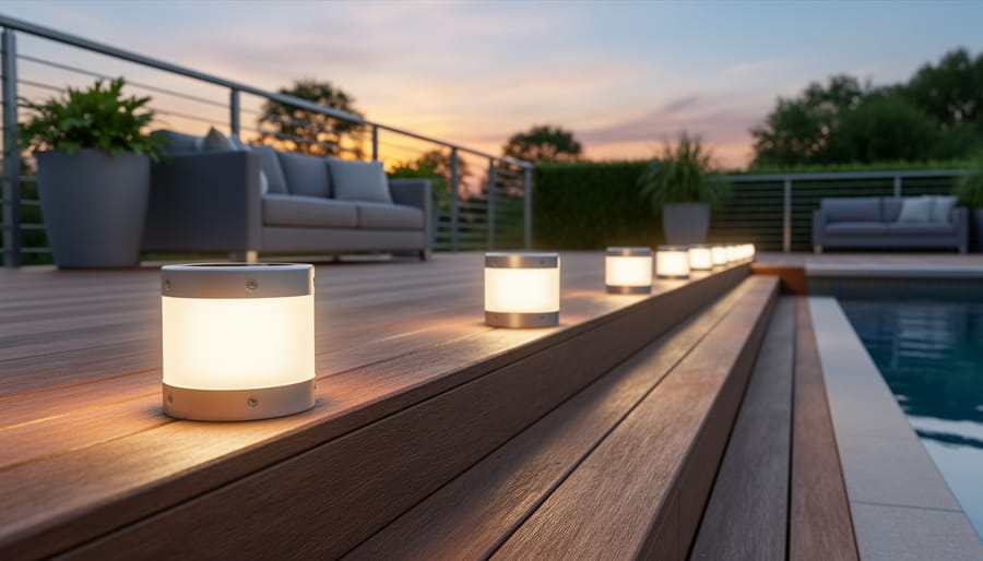 Warmly glowing solar deck lights line the edge of a wooden outdoor deck at dusk, illuminating steps and creating an inviting patio atmosphere.
