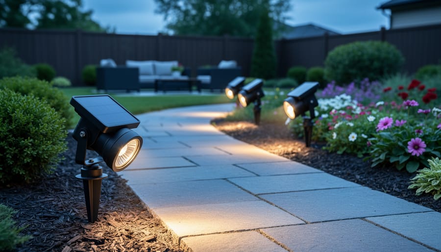 Solar motion sensor spotlights shining downward along a backyard pathway and garden bed at dusk.