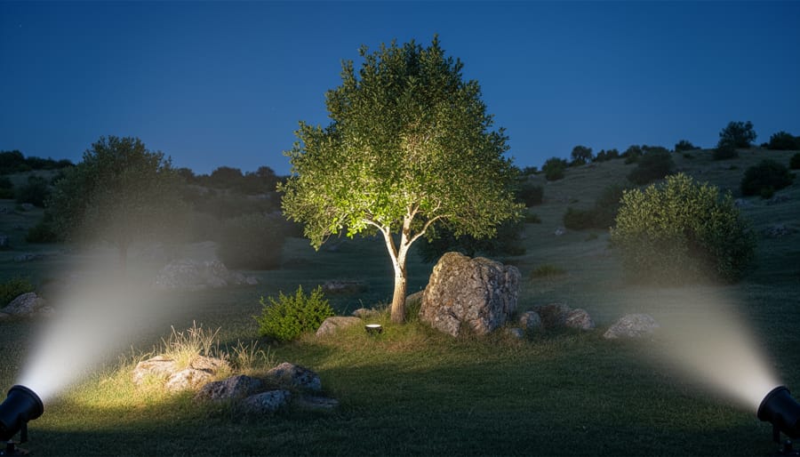 Multiple solar spotlights casting warm light beams onto a fence and tree trunk at dusk