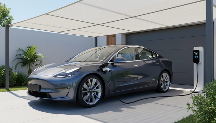 EV covered by a breathable shade or car cover at an outdoor charging station while charging cable remains connected.