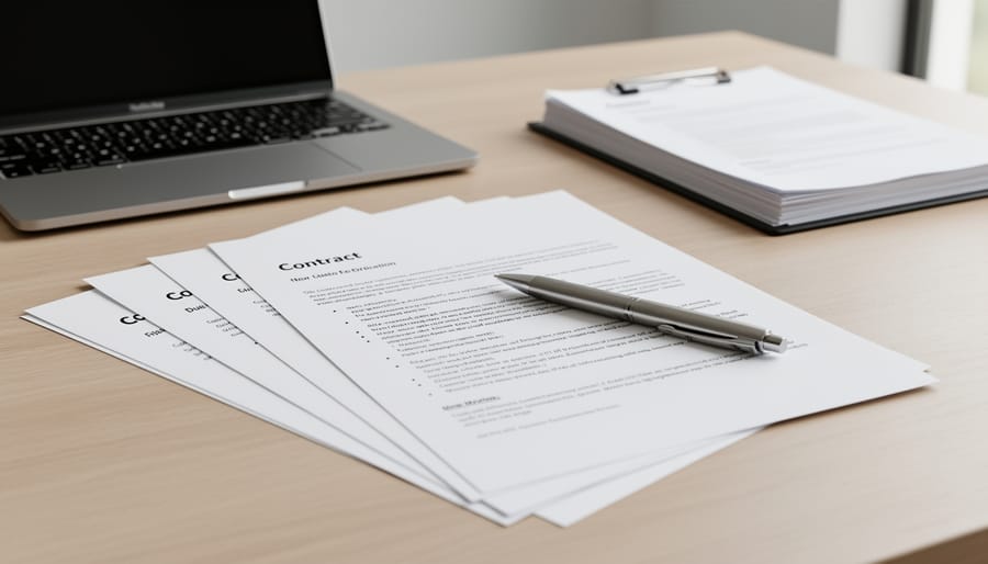 Close-up of a contract document with a pen on a kitchen table, with a phone nearby and no visible text