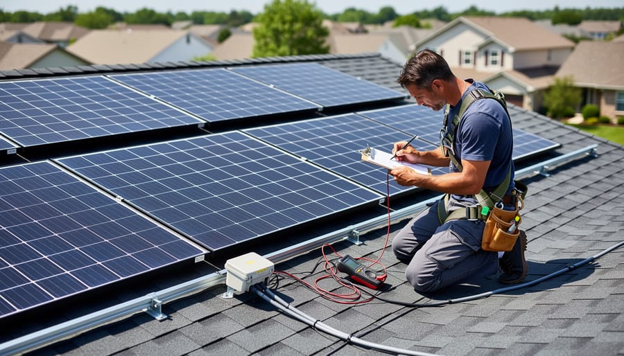Residential rooftop solar panels with mounting rails and conduits under golden hour light