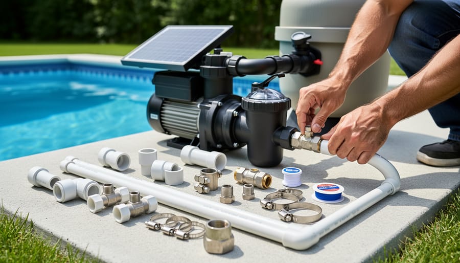 DIY installer working with PVC fittings and Teflon tape near pool equipment