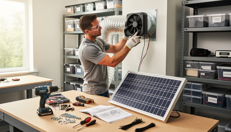 Person installing or handling solar power components for a ventilation system in a home workshop.