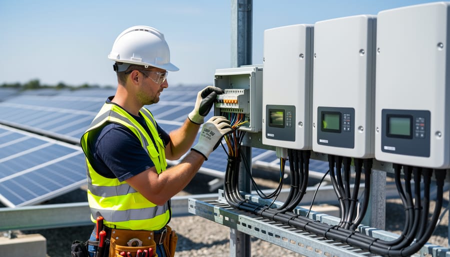 Electrician wearing protective gear working near solar electrical equipment
