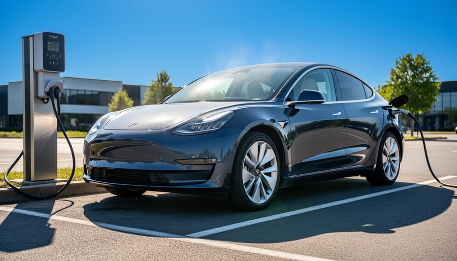 Electric vehicle parked outdoors at a charging station under bright sunlight with the charging cable connected.