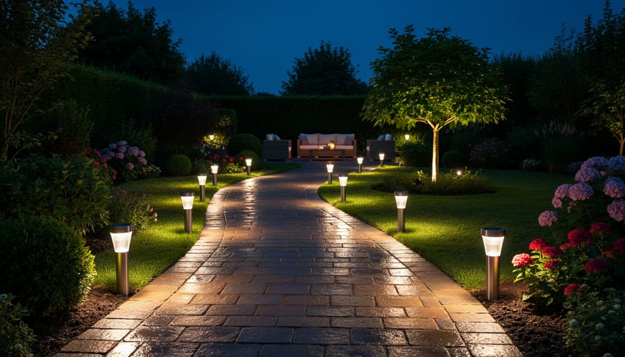Solar spotlights illuminating a walkway and small ornamental tree at dusk in a modern front yard