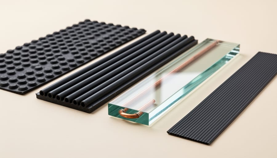Close-up of glazed and unglazed solar pool collectors on a work surface