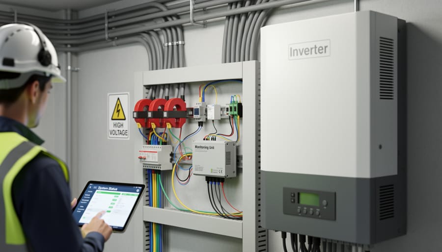 Hands inspecting a solar monitoring energy meter or data logger enclosure near an inverter