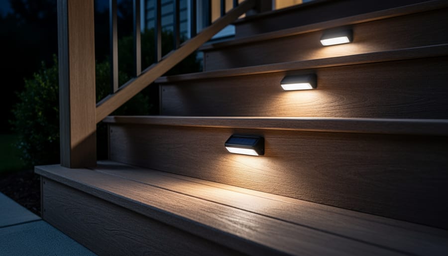 Harbor Breeze solar step light glowing on a deck staircase