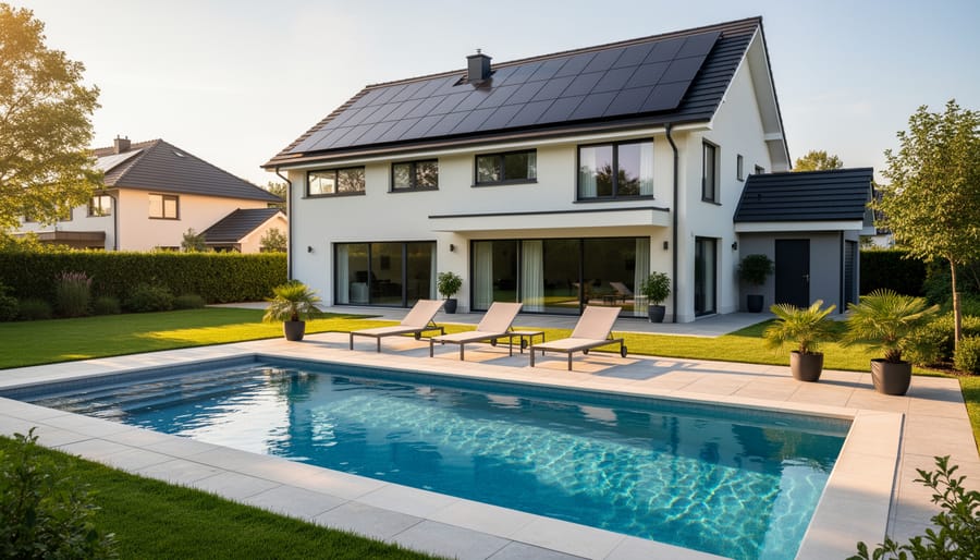 Inground pool with roof-mounted solar heating collectors visible above the pool deck