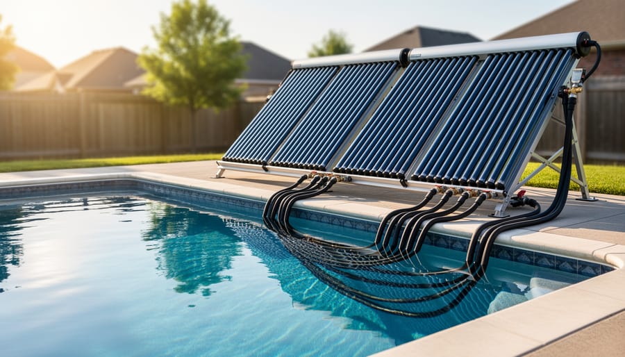 Inground swimming pool with visible solar thermal collector panels on a roof or ground rack and connected hoses leading to pool equipment in bright daylight.