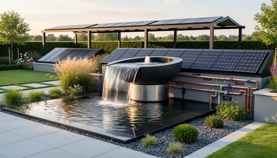 Large solar-powered fountain spilling into a garden pond with solar panels mounted on a nearby stone base