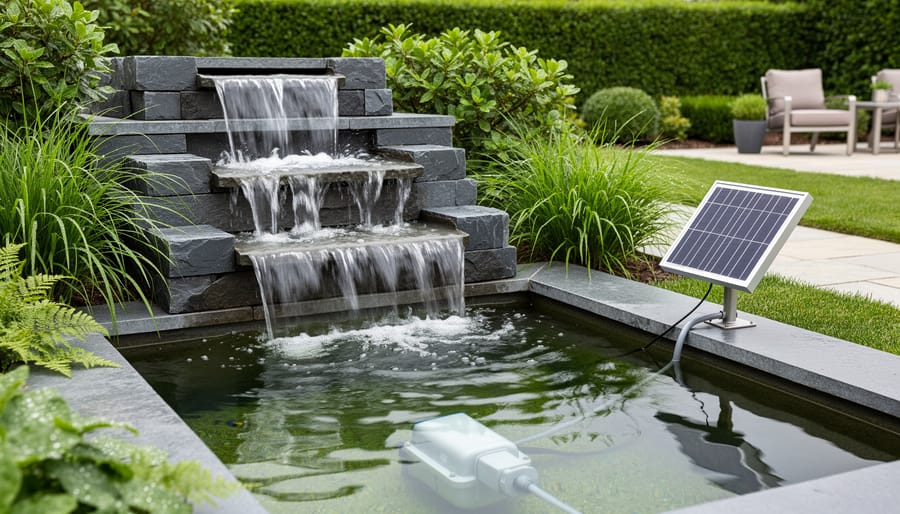 Tiered outdoor waterfall and pond with a nearby solar panel array powering a submerged pump in a landscaped garden.