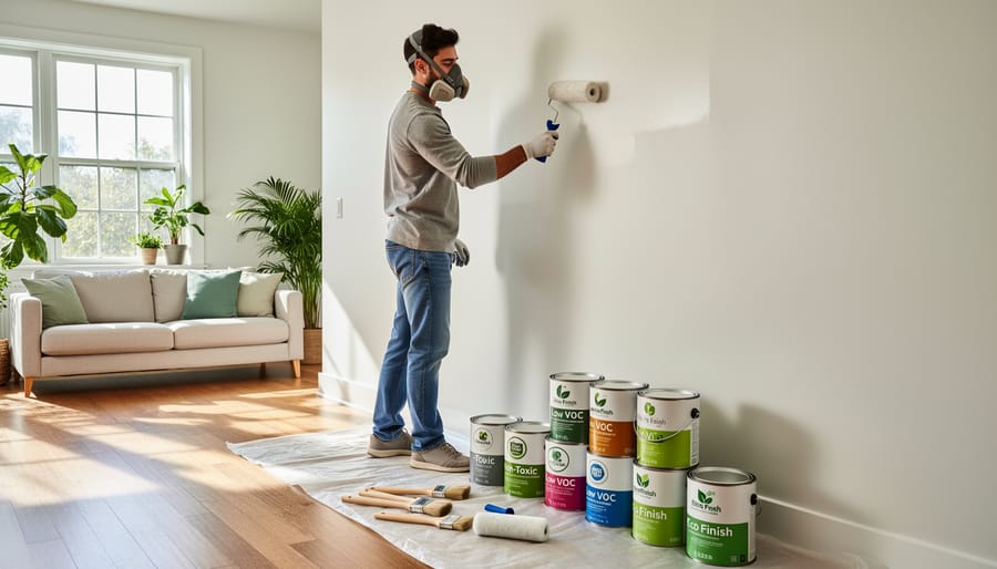 Close view of hands painting a wall with a roller, showing a clean, low-toxicity home renovation scene.