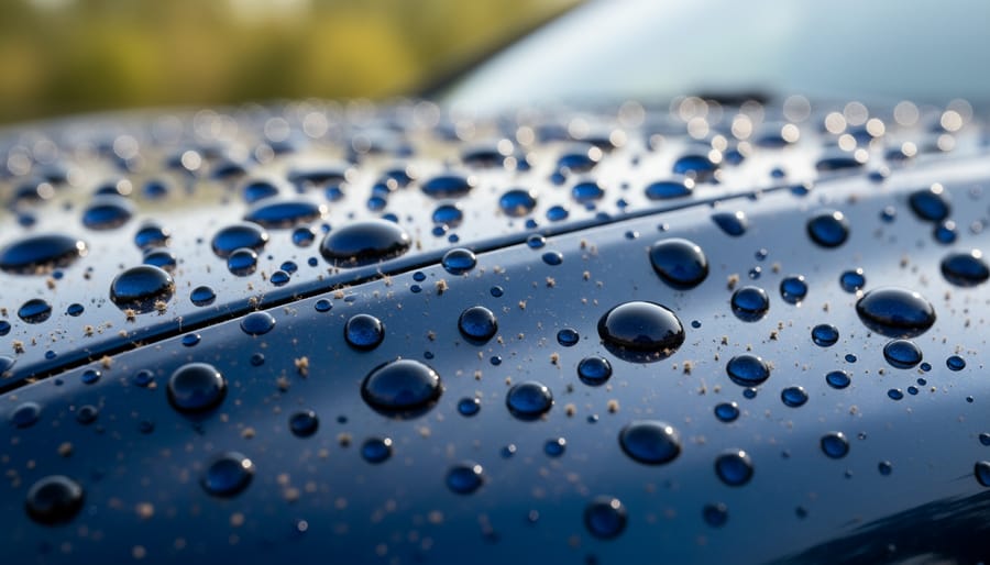 Close-up of glossy EV paint surface with visible water beads suggesting surface protection against contamination.