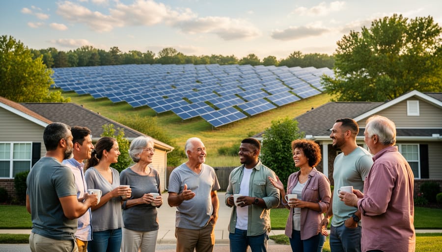 Diverse neighbors standing outside looking toward a nearby ground-mounted solar array
