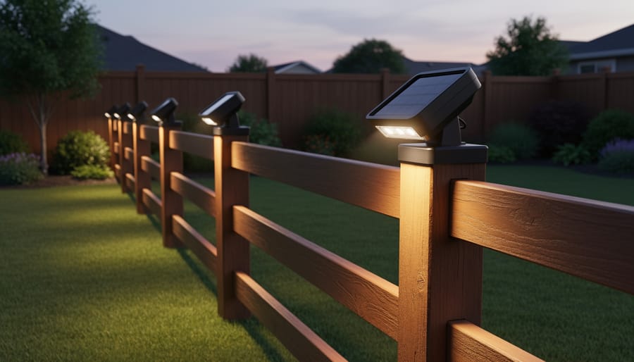 Othway solar fence post lights mounted on backyard fence posts