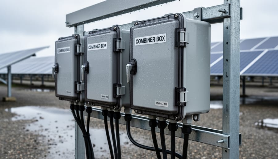 Outdoor wall-mounted electrical enclosure with conduits near a solar inverter