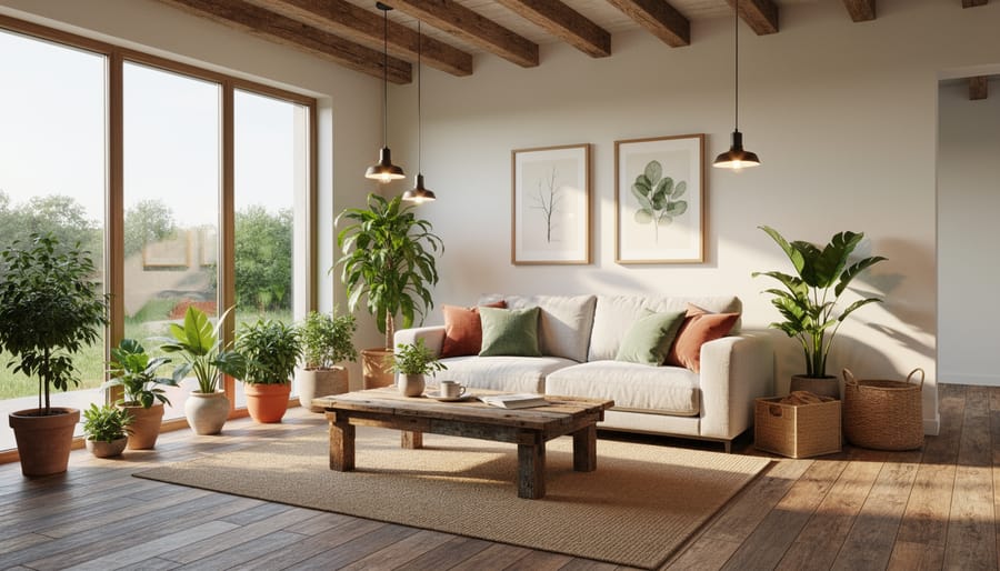 Sunlit living room featuring reclaimed wood shelving, natural fiber textiles, and a clean eco-friendly finish.