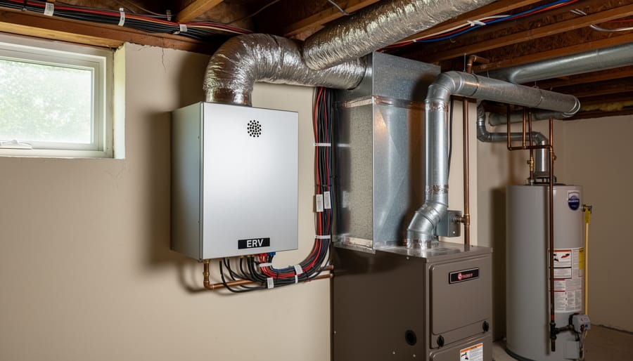 Residential ERV ventilation unit mounted near household ducts in a clean utility area.